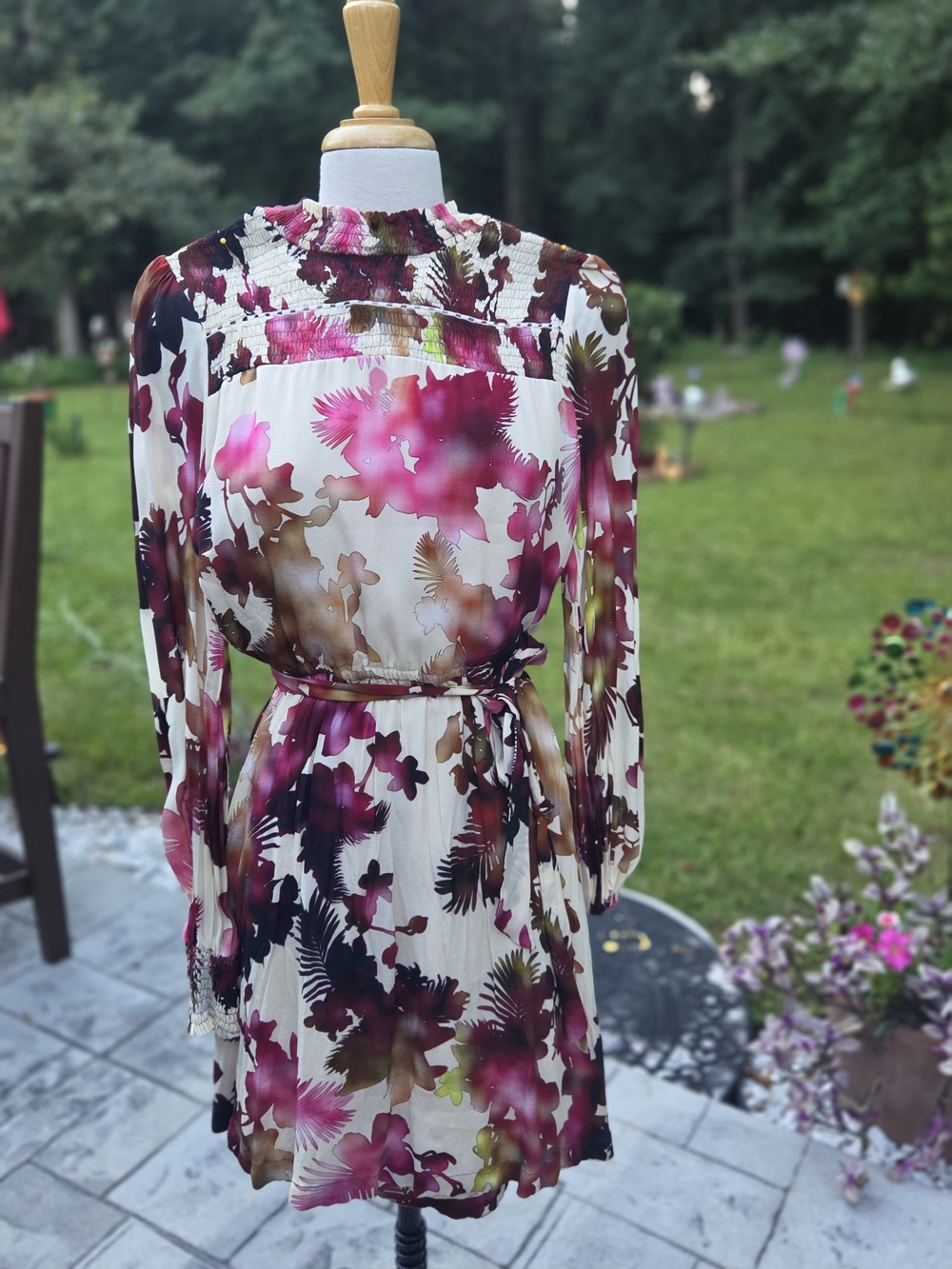 Long-Sleeve Floral Belted Dress in Pink & Brown